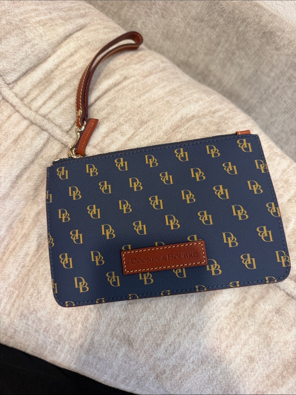 Dooney & Bourke Blue Signature Wristlet with Brown Leather Trim